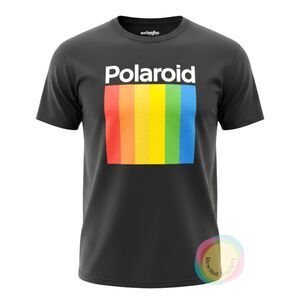 We Love Fine Polaroid T-Shirt Men XXL Black Rainbow Stripe Logo Camera Retro 80s